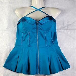 2b Bebe Ceena Peplum Bustier Couture Corset Top Front Zip Up Blue Turquoise NWT